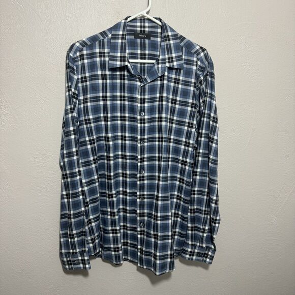 Theory Other - Theory Mens Plaid Button Up Shirt Sz Large Cotton Blue Black White Long Sleeve